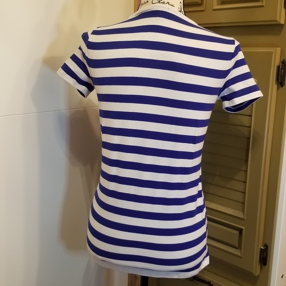 Talbots Blue White Nautical Striped Pearl Beaded Top XS - Picture 6 of 10